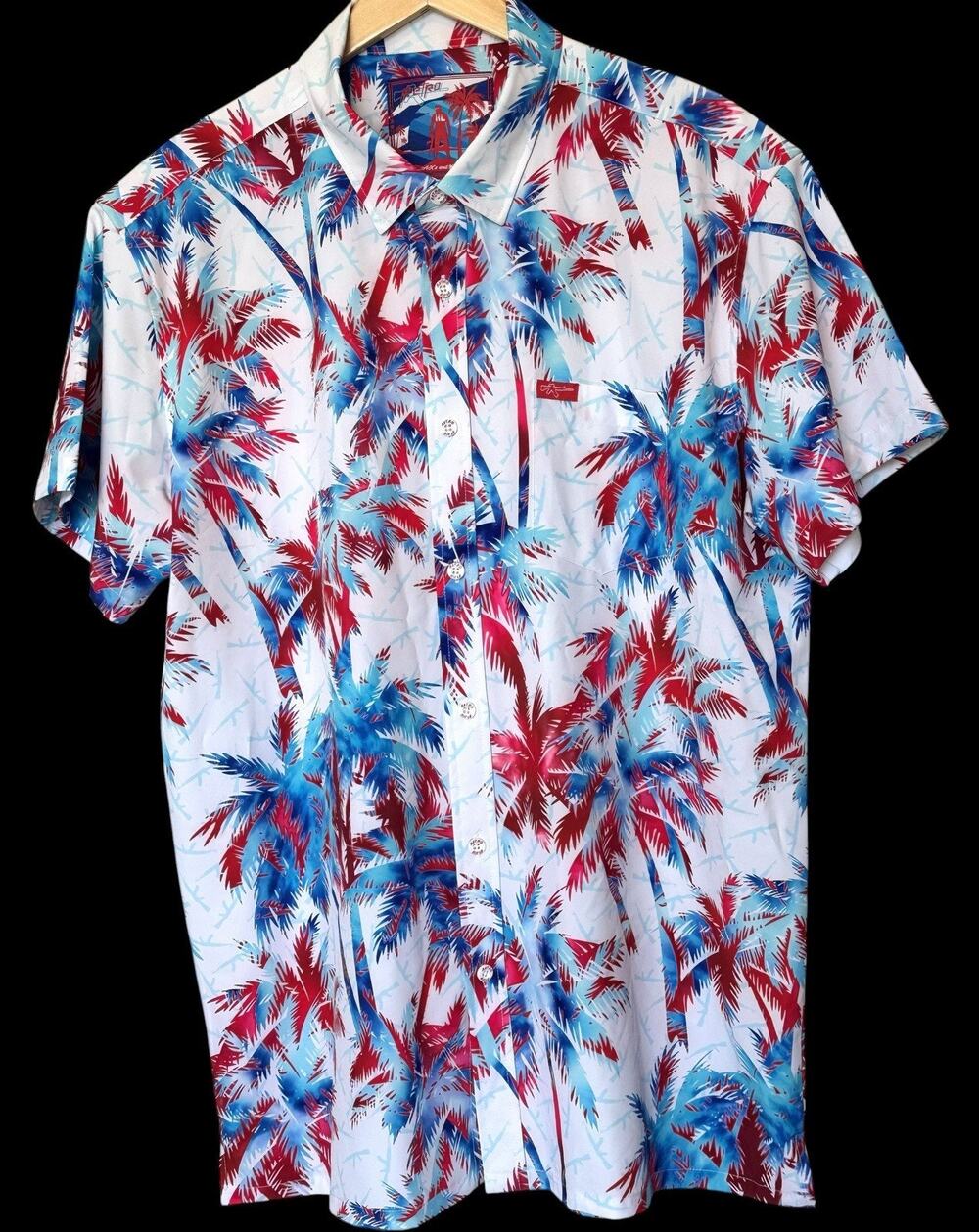 Retro Rifle AKs & Vacays Button Up Shirt Mens XL Red White Blue Hawaiian USA